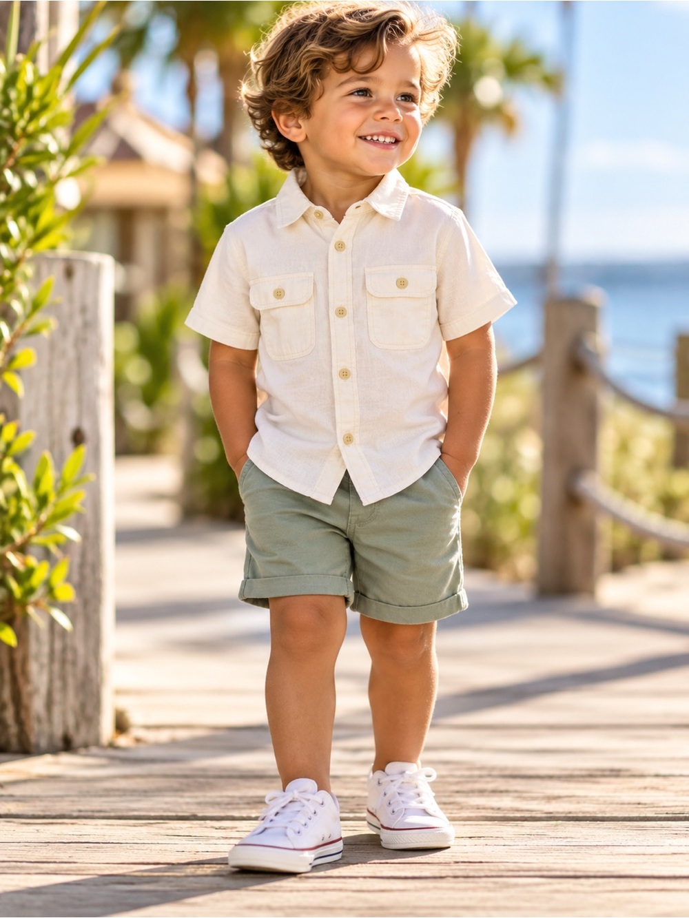 Old Navy Boys 2T Linen Blend Utility Pocket Shirt Sea Salt Button Up